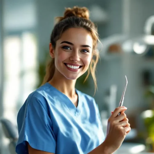 Friendly dental hygienist smiling in modern dental office reception area with natural lighting and professional atmosphere